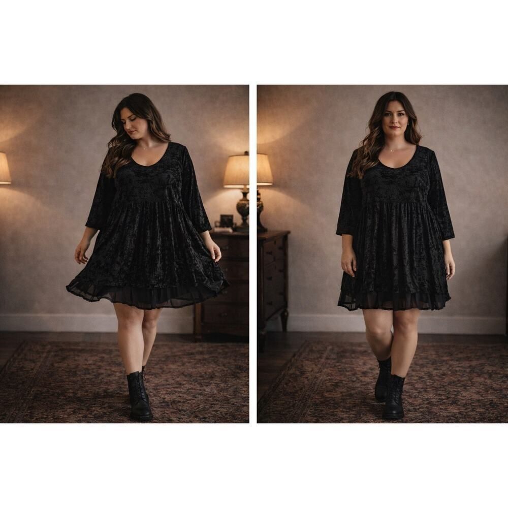 Un Deux Trois Black Crushed Velvet Babydoll Dress Sheer Hem Dark Romantic Goth L